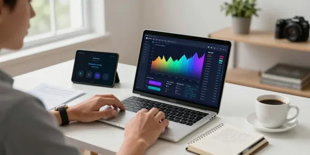 Person trading on quantumaiplatform.ca in a modern home office with cryptocurrency charts.
