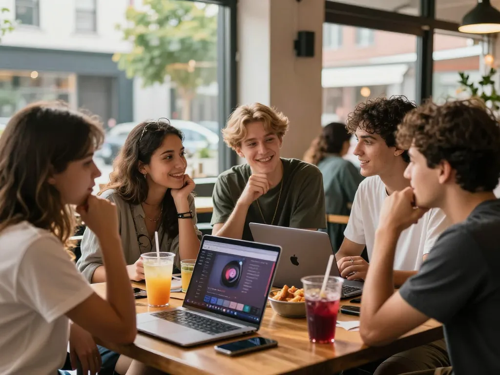 Group of friends sharing stories in a café, one reveals their crush on a musician.