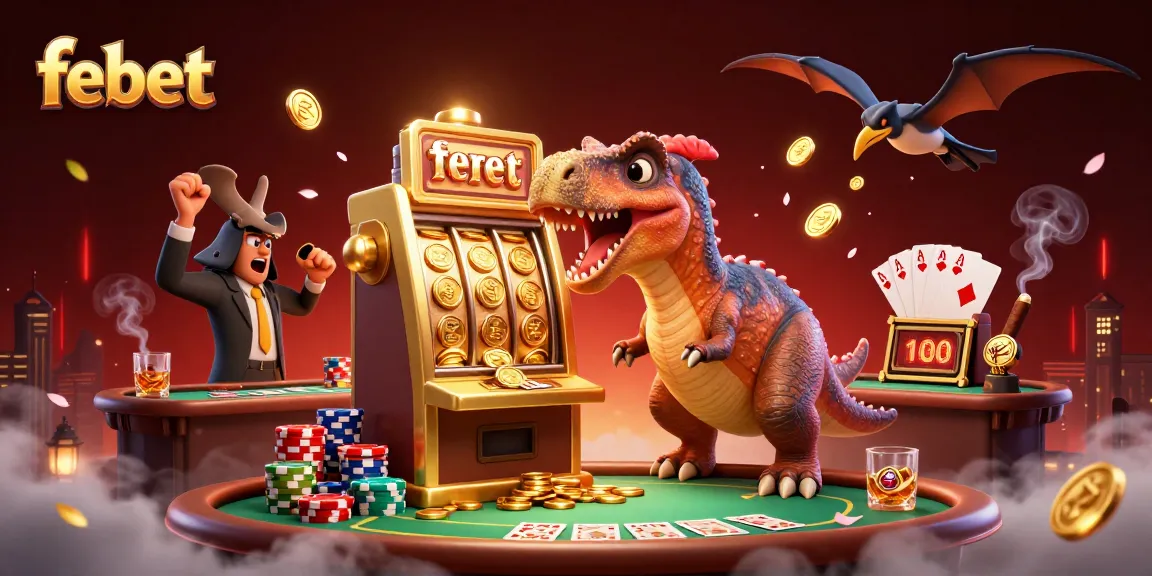Febet invites players into a vibrant 3D casino scene featuring dynamic characters and lively gaming elements.