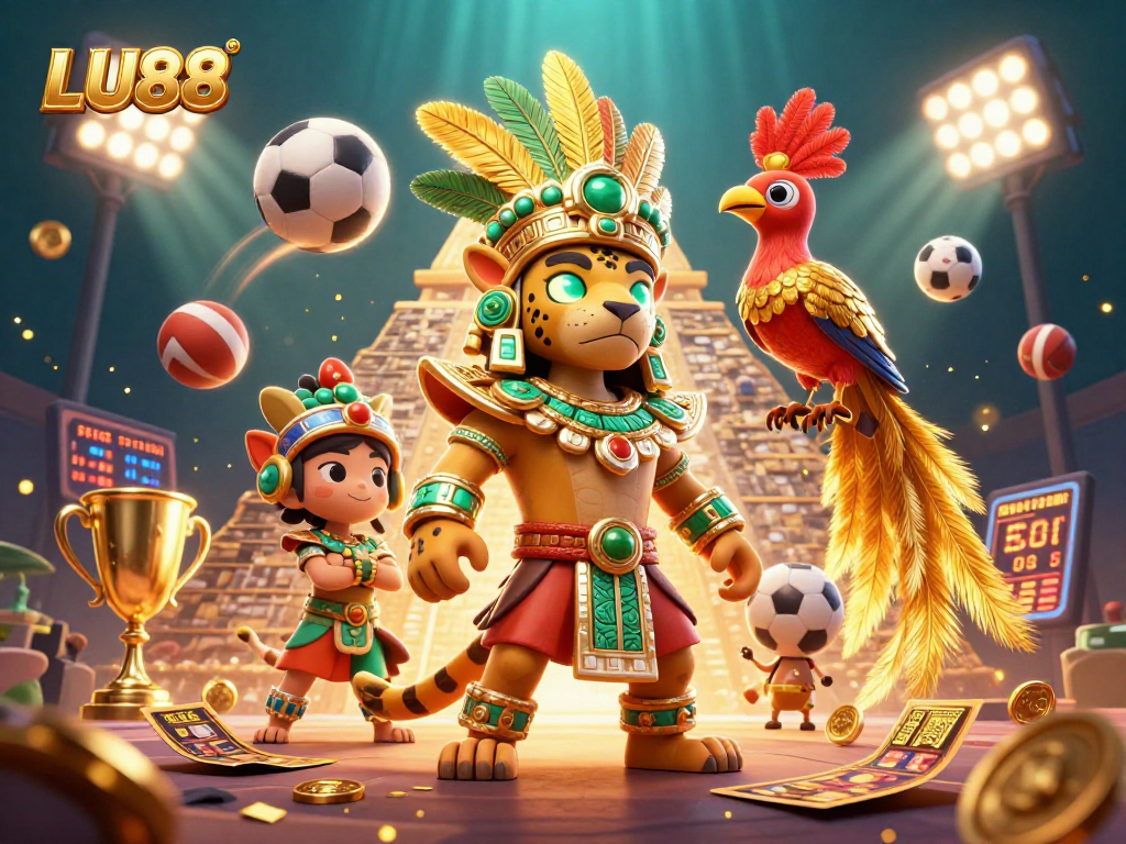 LU88 players engage in dynamic sports betting action with vibrant elements in a captivating illustration.
