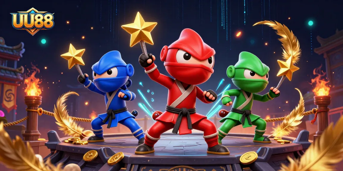 Experience thrilling gameplay at UU88 with a vibrant 3D illustration of ninja chameleons.