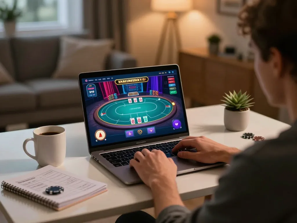 Player engaging in exciting online gambling gameplay with scap strategies at home
