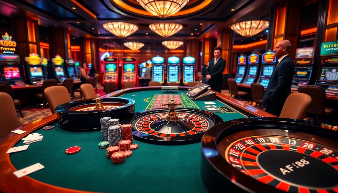 Players engaging in thrilling casino games at AF88, featuring colorful chips and a vibrant roulette wheel.