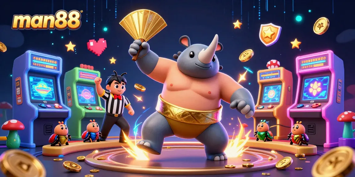 Experience thrilling wins with man88 as a rhinoceros beetle champion celebrates amidst a dynamic casino scene.