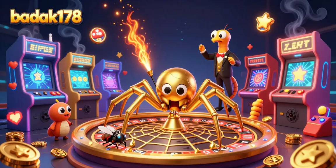 Bet on luck with badak178 as a golden spider weaves a roulette wheel web in this vibrant casino scene.