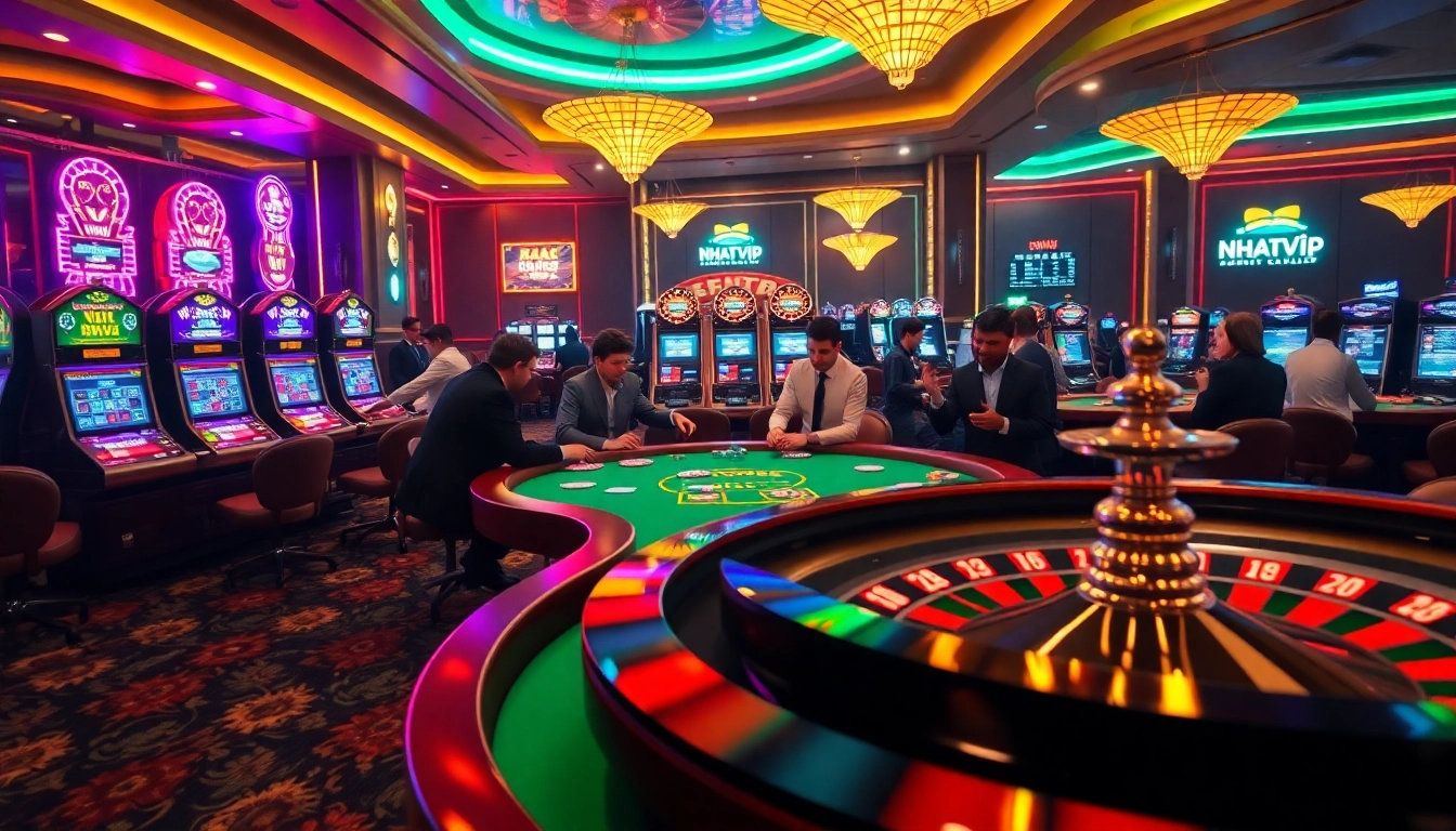 Experience the excitement of NHATVIP with players enjoying high-stakes poker and vibrant casino atmosphere.