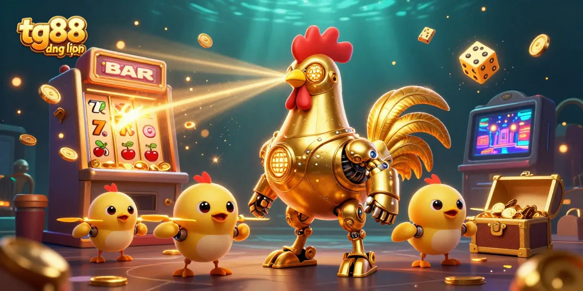 Shoot for wins with tg88 đăng nhập, vibrant 3D cartoon casino-themed illustration showcasing a golden robot, slot machine, and more.