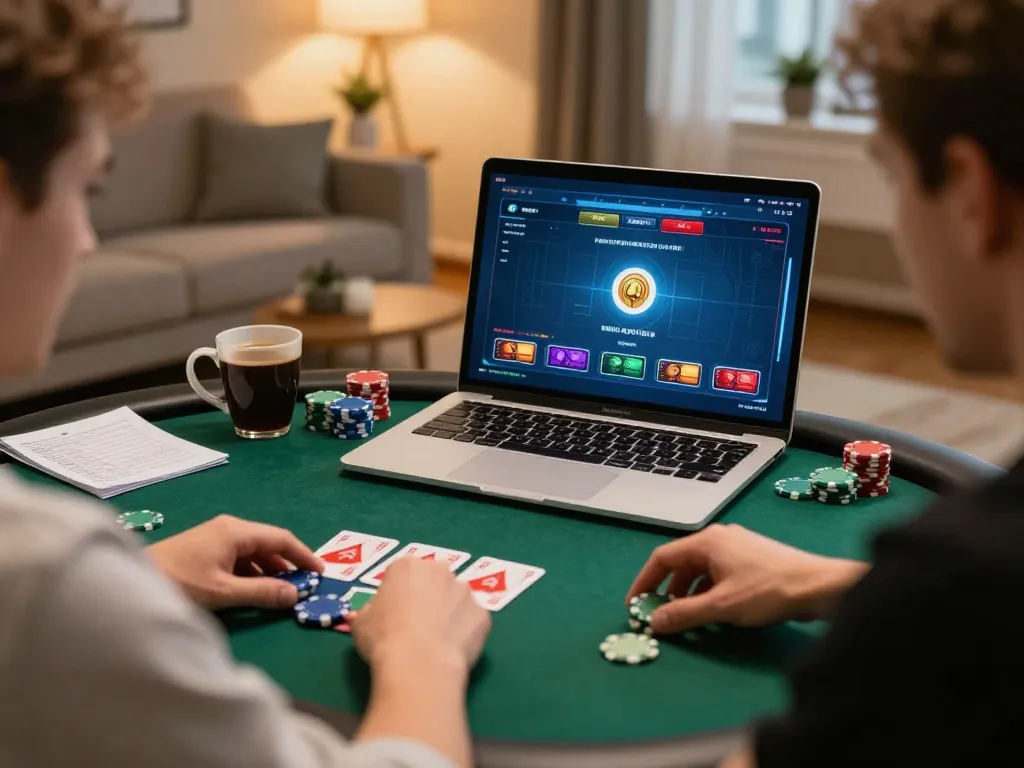 Player immersed in an online poker game at home, showcasing vip79 strategy with notes and chips.