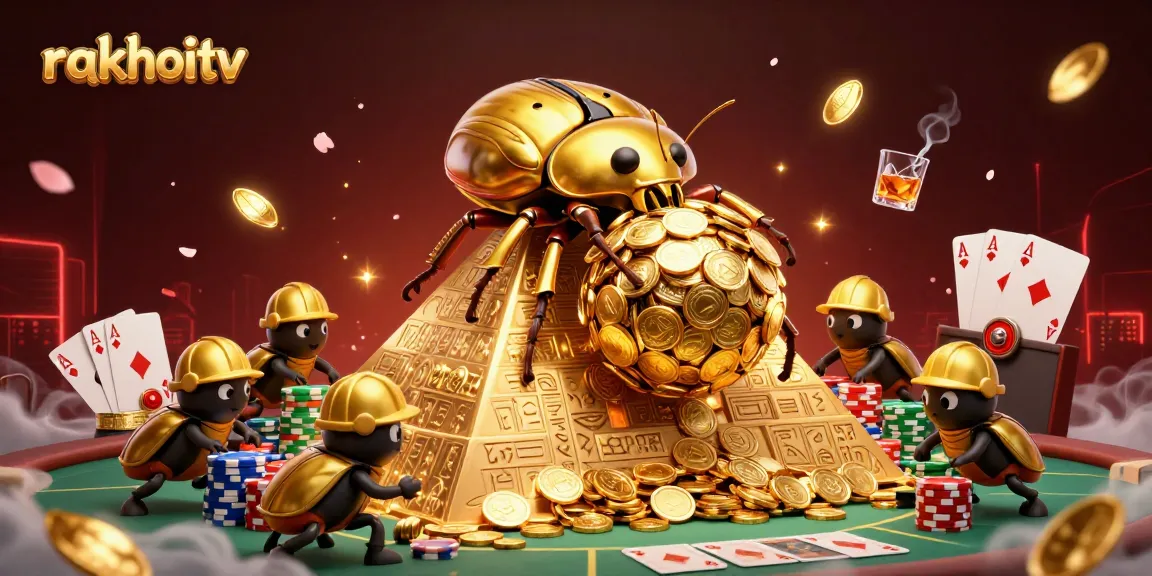 rakhoitv showcases an energetic scene with golden beetles rolling a coin ball, poker elements scattered around