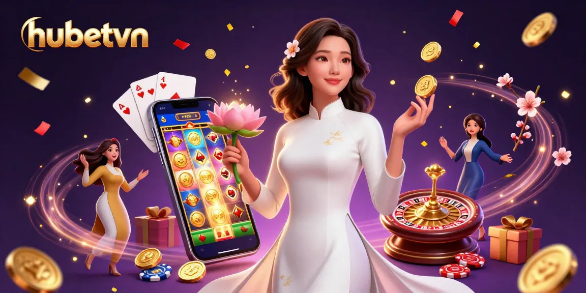 A vibrant hubetvn scene showcasing Asian elegance in a casino-themed setting, featuring slot games and celebratory elements.