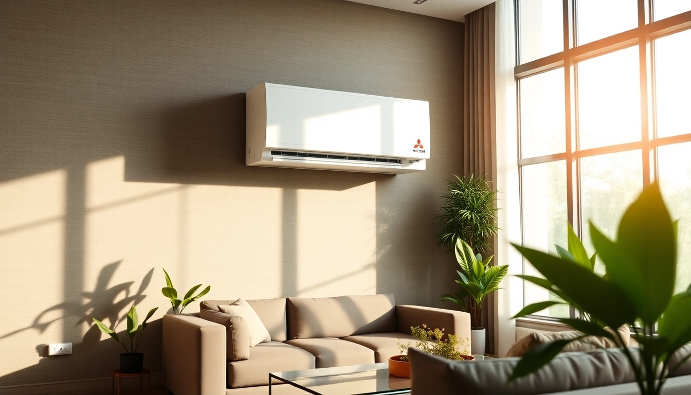 Showcasing a Mitsubishi mini split AC in a stylish living room environment.