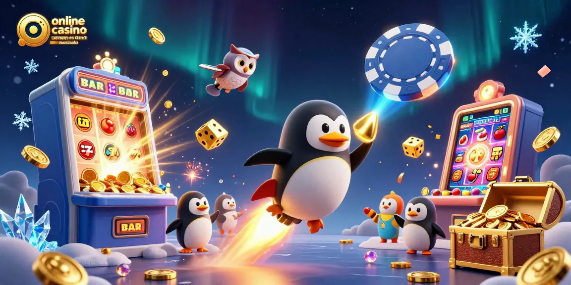 Experience exhilarating action at online casino real money no deposit Australia with a golden penguin and dazzling slot machines.