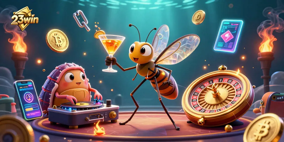 Experience the excitement of 23win with a playful 3D casino scene featuring unique characters.