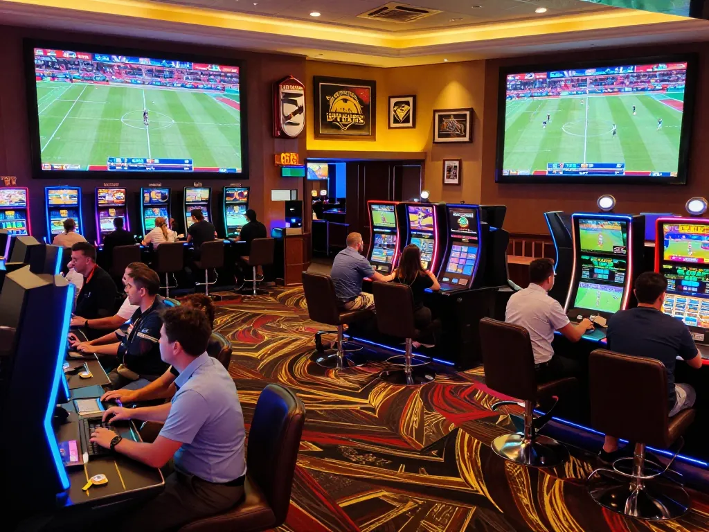 Engaged bettors placing wagers at sports kiosks in a vibrant casino setting at https://tr88watch.com/ during live events.