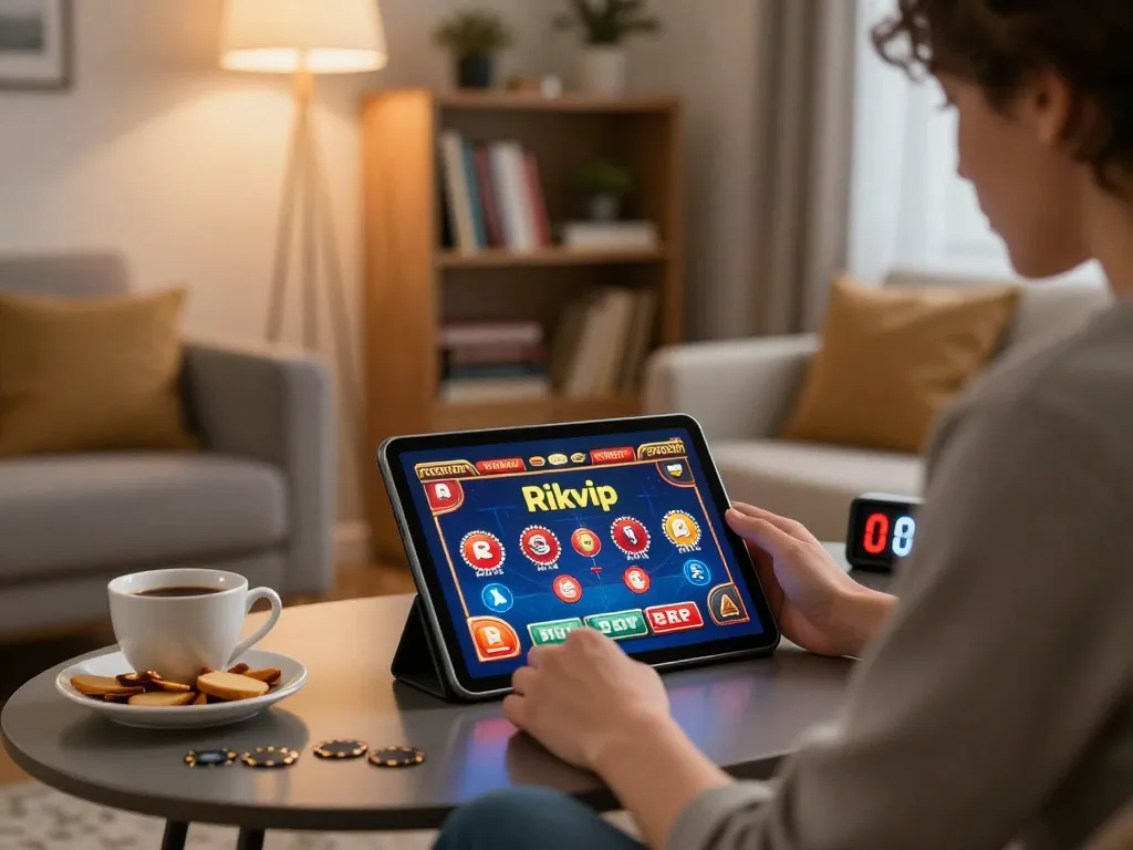 Engaged player using Rikvip online casino platform on a tablet in a cozy living room.