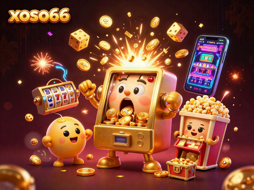 xoso66 slot machine celebrates its jackpot with coins pouring out, amidst vibrant casino elements.