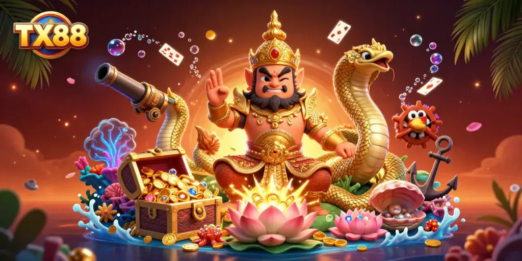 Experience exciting gaming at TX88 with a vibrant 3D scene featuring golden guardian elements.