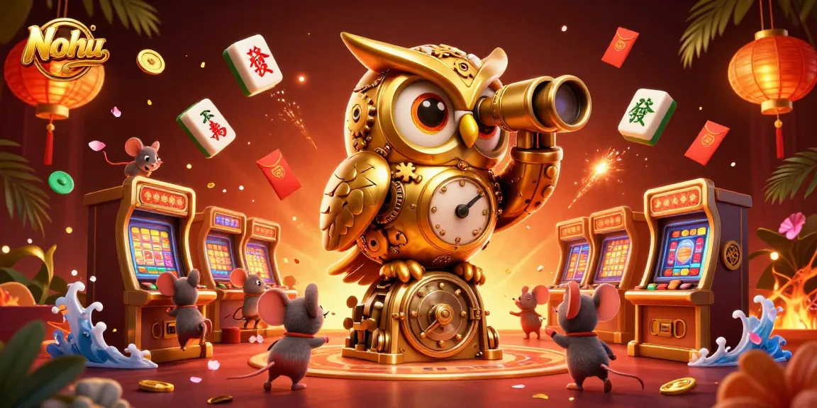 Engage in vibrant gambling with Nohu at this lively casino scene featuring a clockwork owl and spirited mice.
