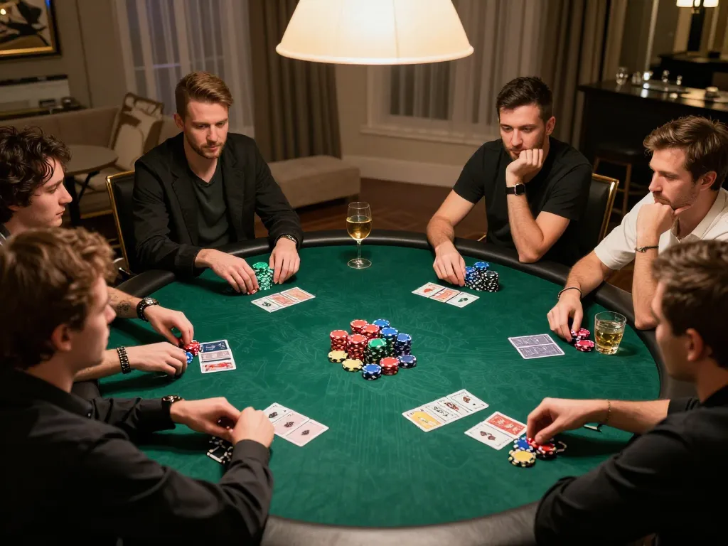 Poker players engaged in a strategic game night at home showcasing TIP88, with colorful chips and cards on the table.
