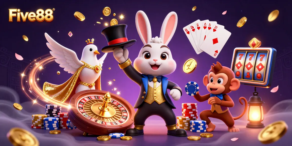 Five88 entices gamblers with a dynamic 3D casino scene featuring a magician, coins, and poker chips.
