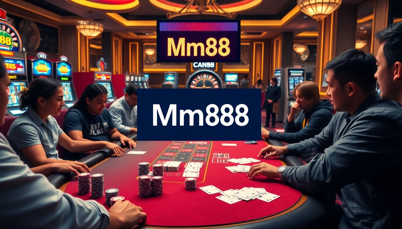 Exciting poker game at a luxury casino showcasing Mm88 with chips and cards.