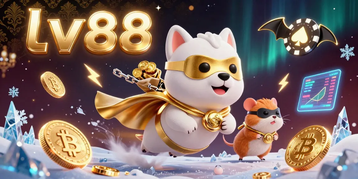 Gamblers experience excitement with lv88 as a superhero dog flies with gold coins amidst cryptocurrency elements.