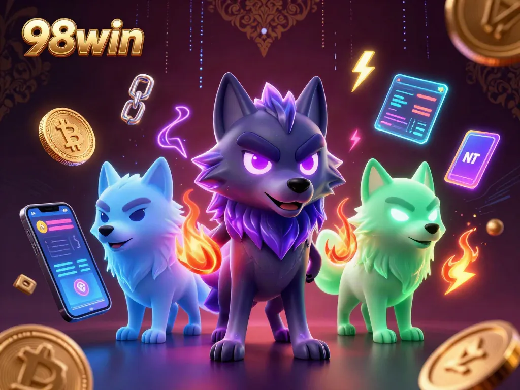 Win on the exciting 98win platform with a flashy illustration of crypto and gaming elements.