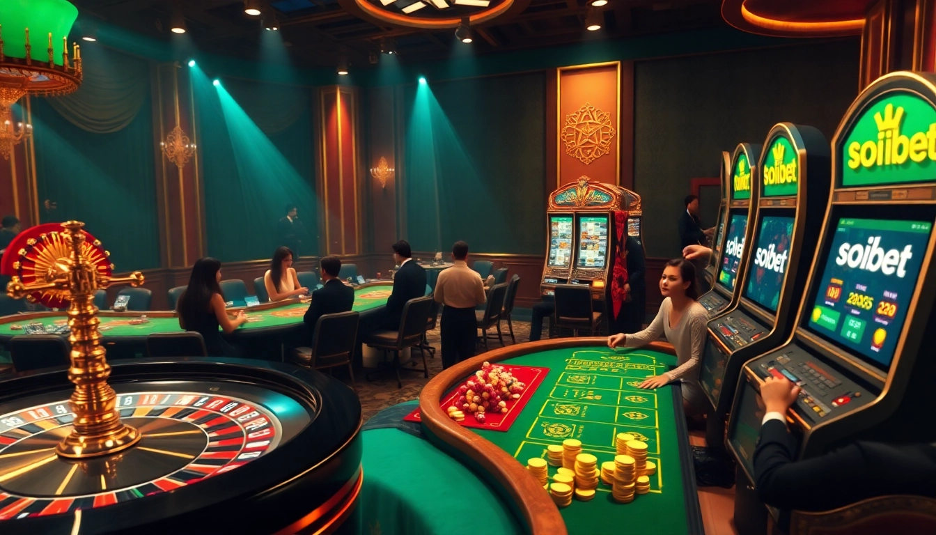 Players enjoying a luxurious gambling experience at Soibet’s casino tables and slot machines.