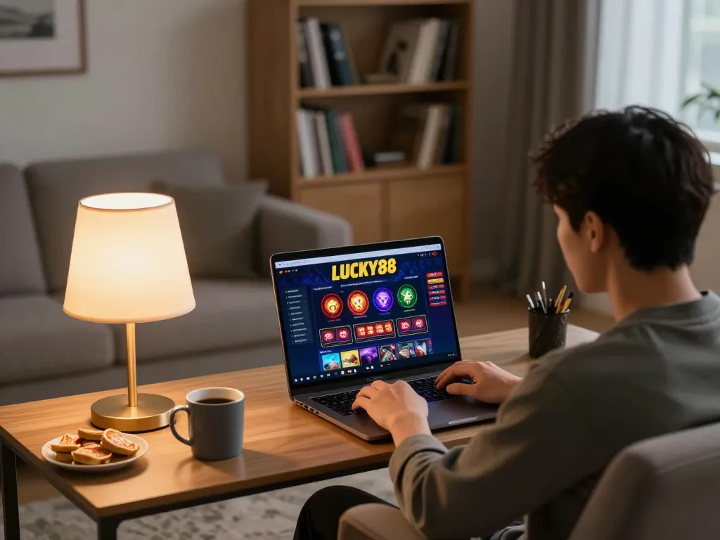Engaged in online gaming at LUCKY88, a player enjoys a cozy home atmosphere with strategy notes