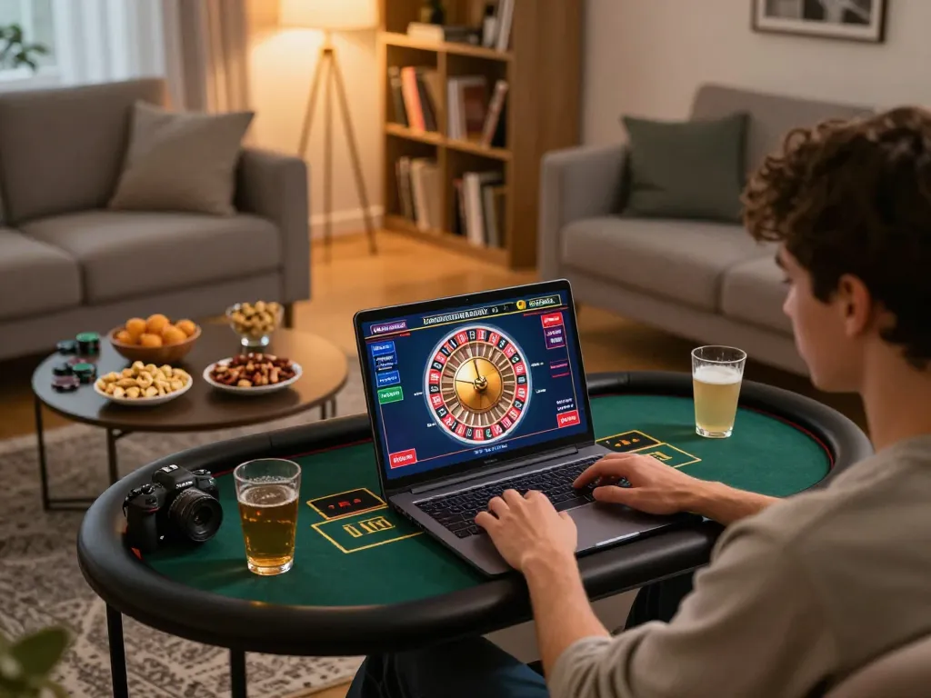 Person enjoying live dealer roulette on Trang Chủ XX88 from a cozy home setup with snacks.