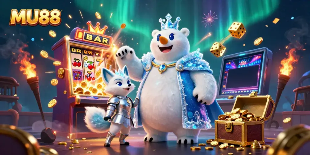 Experience exciting gameplay at MU88 with a thrilling casino scene featuring cartoon characters, jackpots, and vibrant casino elements