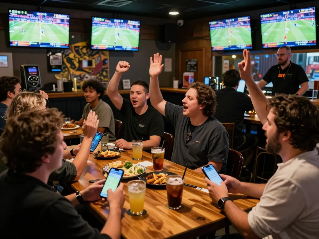 Experience the pulse of sports betting with Link nhà cái Five88 as fans celebrate wins at an active sports bar.