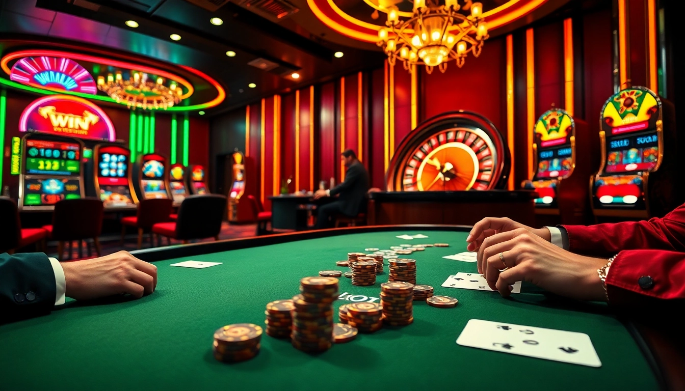 Experience thrilling gameplay in a vibrant casino scene featuring cm88.men, poker chips, and spinning roulette wheels.