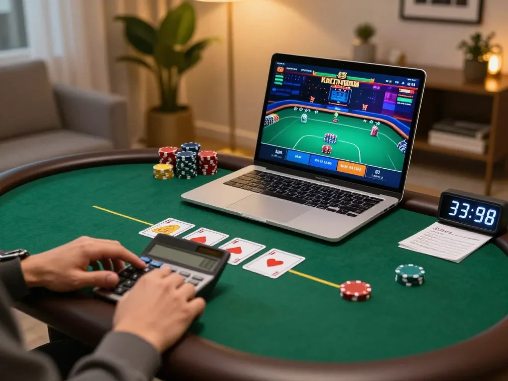 sapporo-dogscafe user engaged in online poker strategy using laptop, thoughtful atmosphere of responsible gambling.