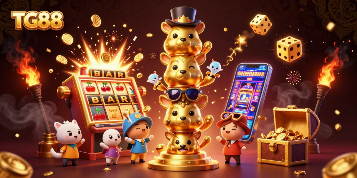 Engage with TG88's vibrant casino scene bursting with jackpots, golden elements, and interactive games.
