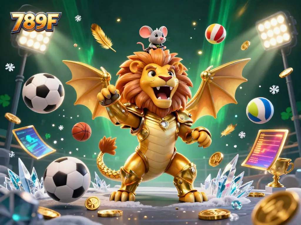 Engage with thrilling sports action at 789F, featuring a dynamic chimera in golden armor and animated sports elements.