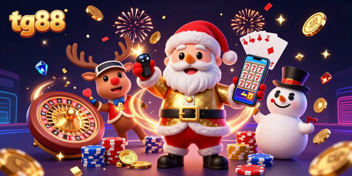 Experience tg88's exciting jackpot slots with Santa and friends celebrating in a vibrant casino scene.
