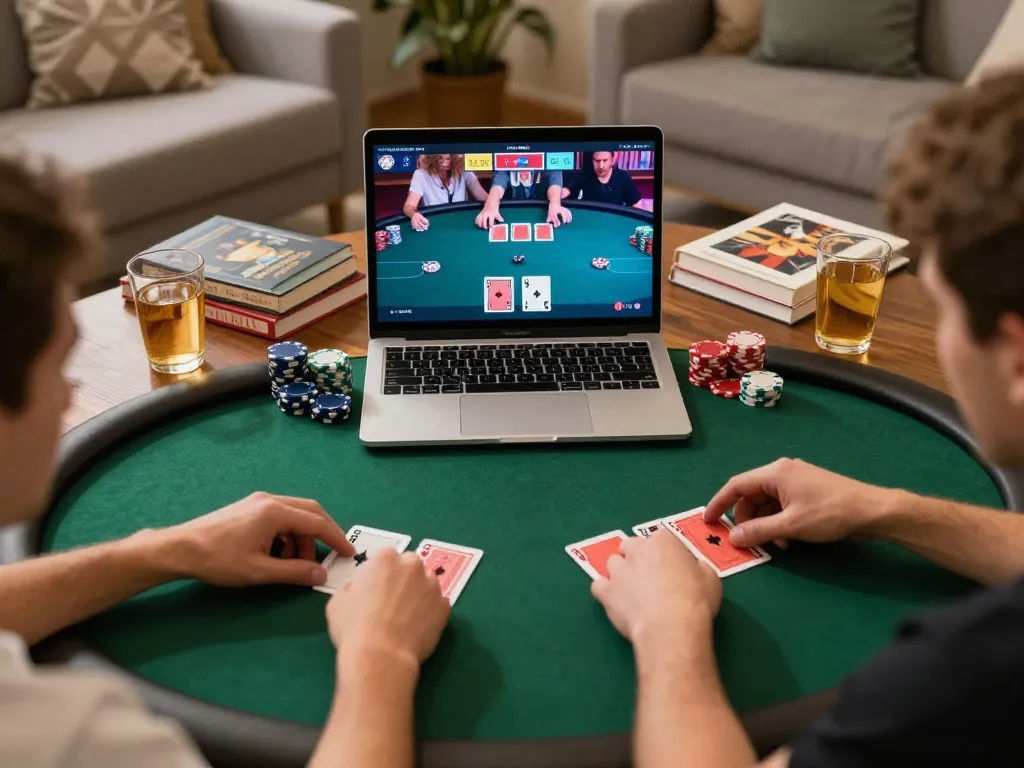 Engaging in poker strategy on vaobet, with chips and cards visible on a cozy home setup.