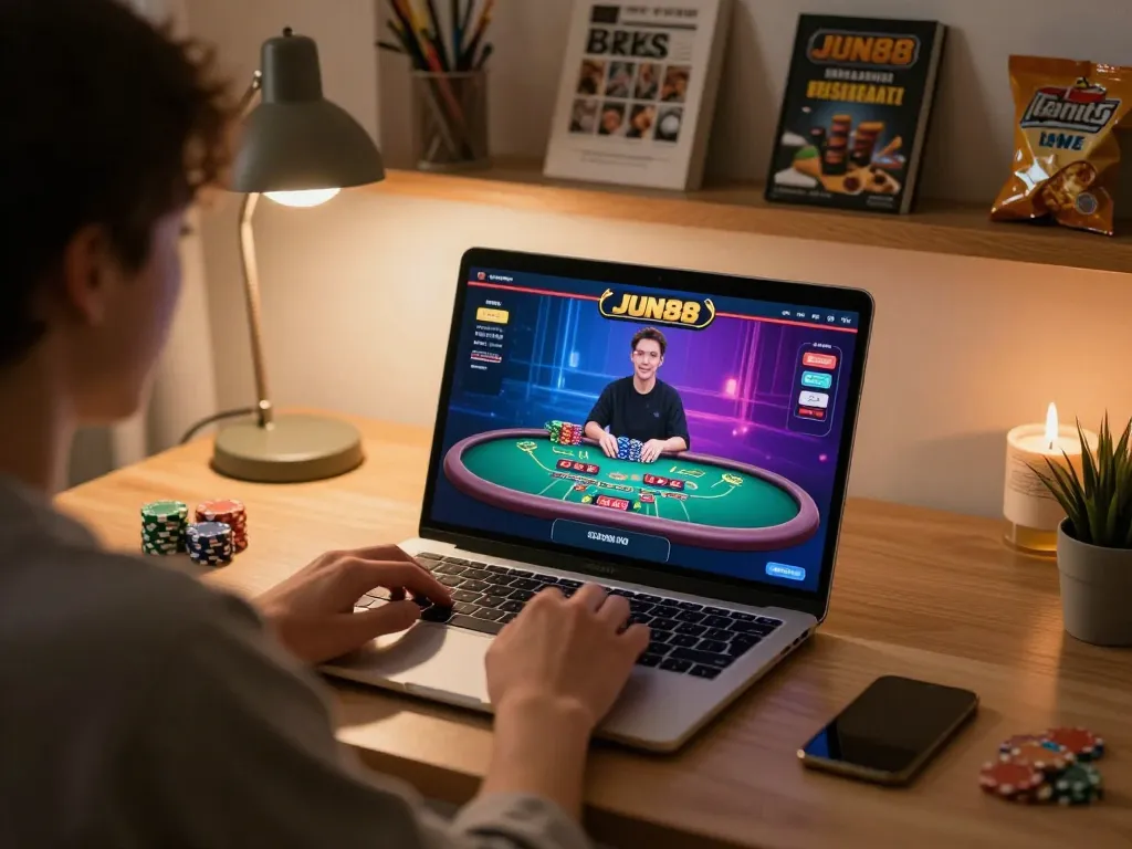 Jun88 player engaged in live baccarat online, showcasing modern gaming environment and strategy elements.