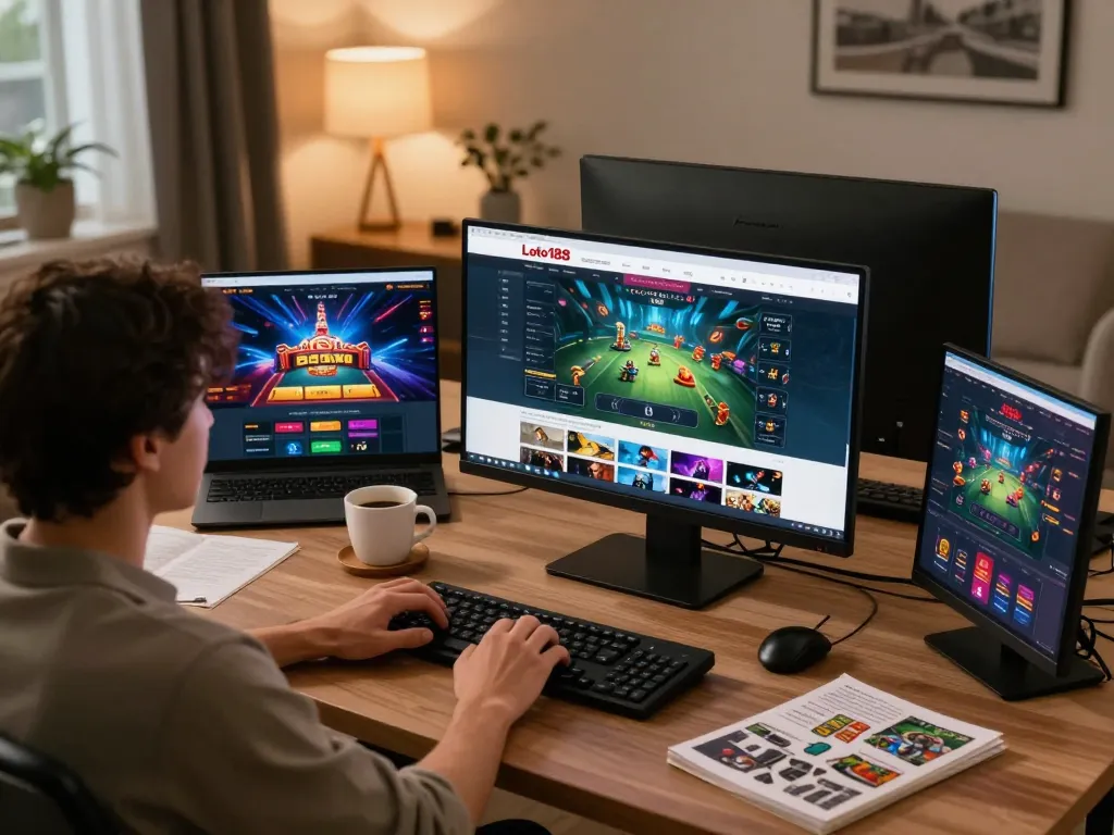 Player enjoying casino games on loto188b.asia in a cozy home environment, showcasing online gambling.