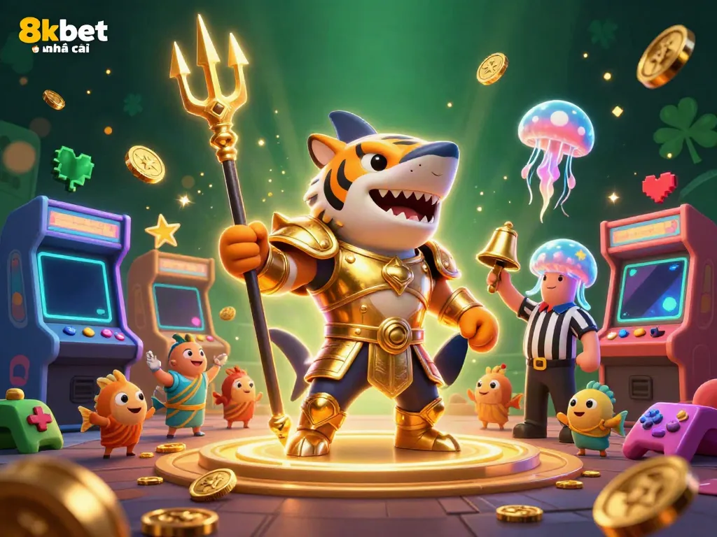 Experience the excitement of 8xbet nhà cái in this underwater 3D casino scene with a warrior shark and arcade elements.