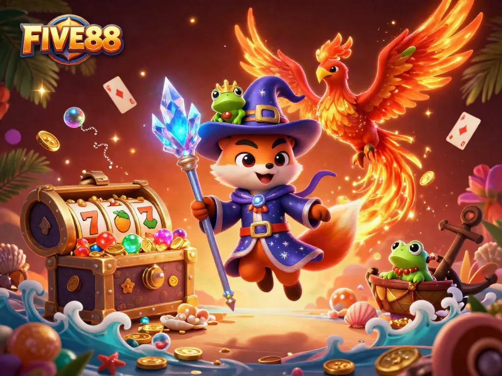 Engage with FIVE88's vibrant casino adventure featuring a wizard fox and phoenix amidst slots.