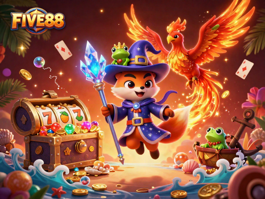 Engage with FIVE88's vibrant casino adventure featuring a wizard fox and phoenix amidst slots.