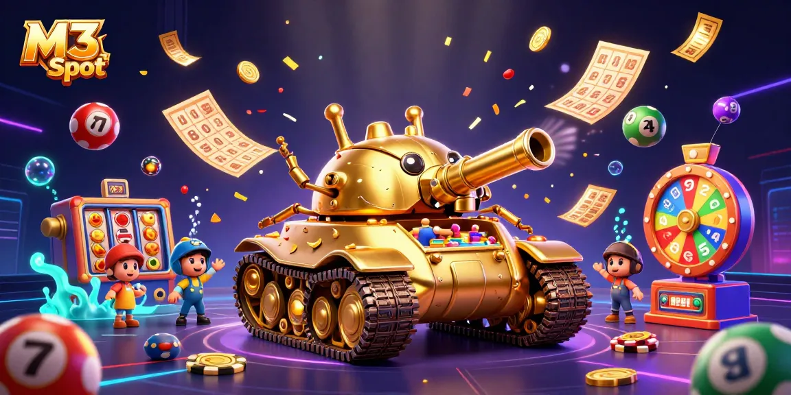 Experience the excitement of M3 Slot with vibrant casino elements bursting from a golden beetle tank.