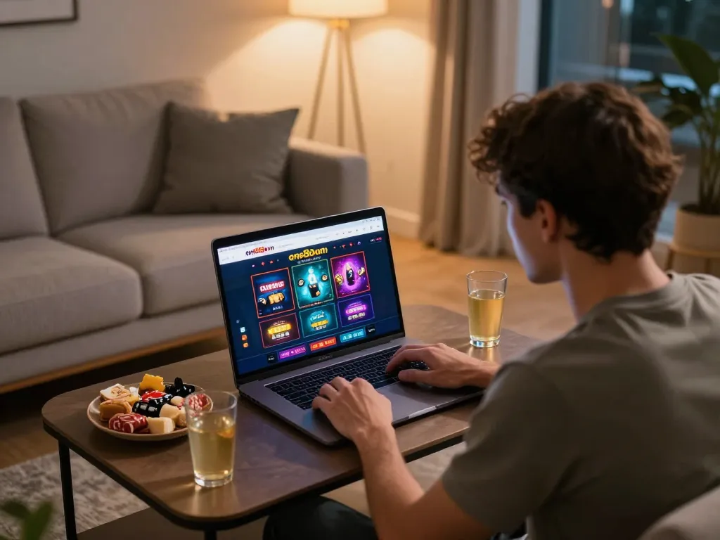 Player enjoying online casino gaming on one88on website in a cozy home setting