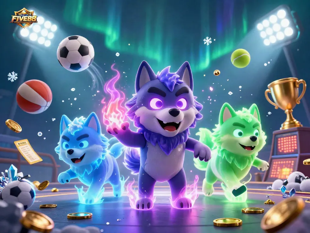 Explore the exhilarating world of FIVE88 with vibrant casino elements and dynamic sports action.
