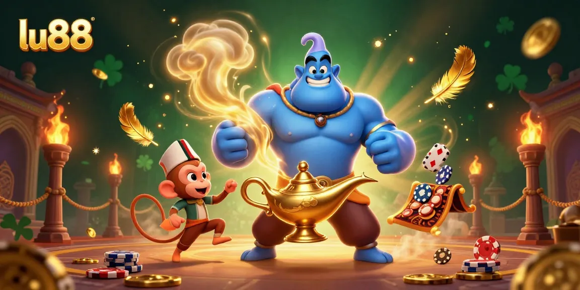 Experience thrilling gameplay at lu88 with an energetic casino scene showcasing a genie and rich decorations.