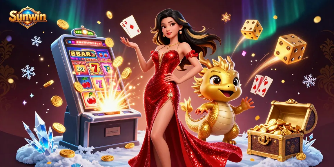 Spin jackpots and win big with Sunwin in this vibrant casino-themed illustration.