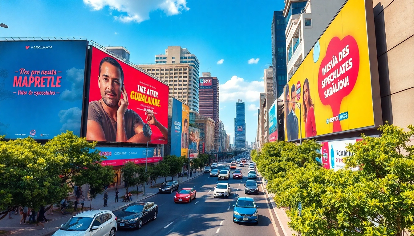 Renta de Espectaculares mostrando vibrantes carteles en las concurridas calles de Guadalajara.