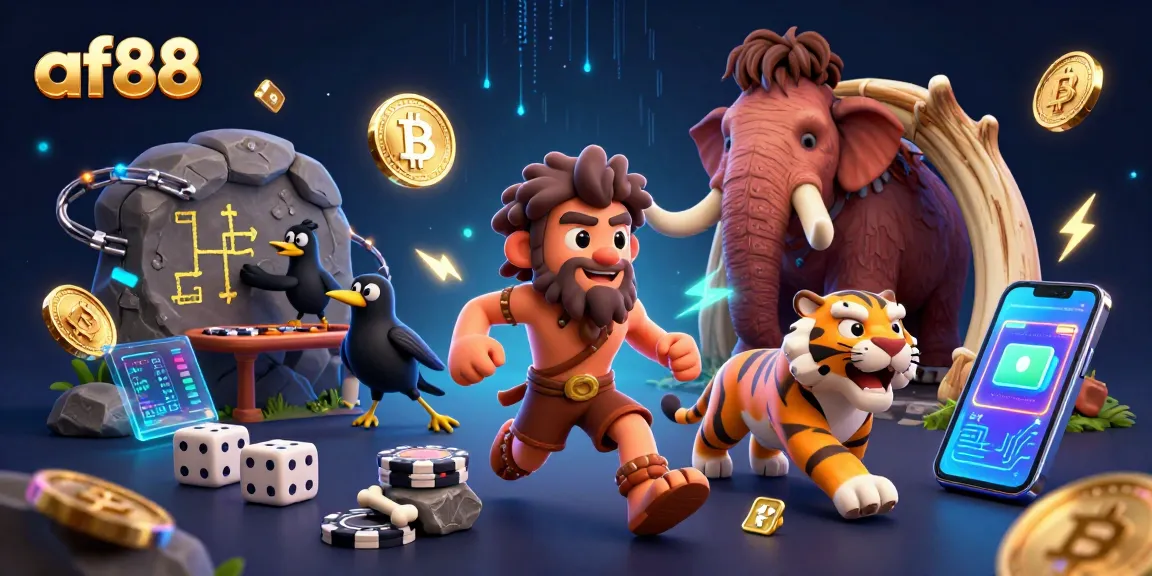 Win at the af88 casino with a vivid 3D scene of a caveman and sabertooth duo in action.